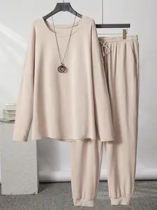 【Plus Size】 Solid Long Sleeve Top & Drawstring Waist Sweatpants Set, Casual Top & Pocket Jogger Pants, Women's Spring & Fall Clothes, Womenswear