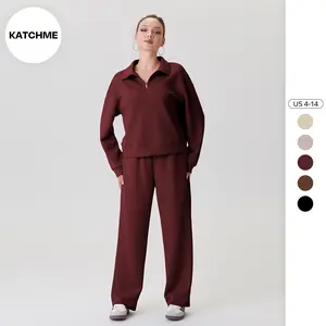 KatchMe Women's Casual Solid Color Partial Zipper Collared Long Sleeve Sweatshirt & Wide Leg Trousers Tracksuit, Loose Co-ord Set, Athletic Wear (2)