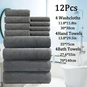 12pcs Quick Dry Bathroom Absorbent Thickened Towels Set -, Microfiber Material, Super Absorbent & Soft Comfortable, Including 4 Washcloths + 4 + 4 Bath Towels, Ideal for Fitness, Bathroom Shower, Hotel & Spa