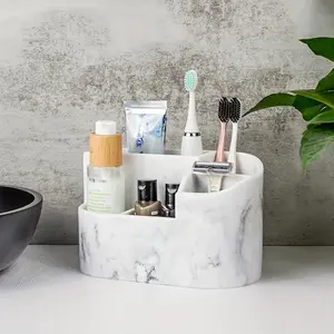 Marble White Resin Toothbrush Holder - Freestanding Bathroom Organizer for Electric Toothbrush, Toothpaste, Razor, Cotton Ball, Swab, Floss, and Makeup Stationery Storage Box