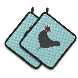 212 MAIN Polish Poland Chicken Blue Check Fabric Pot Holders - 2-Piece Insulated Hanging Kitchenware, Oven Mitts, Bakeware Accessory