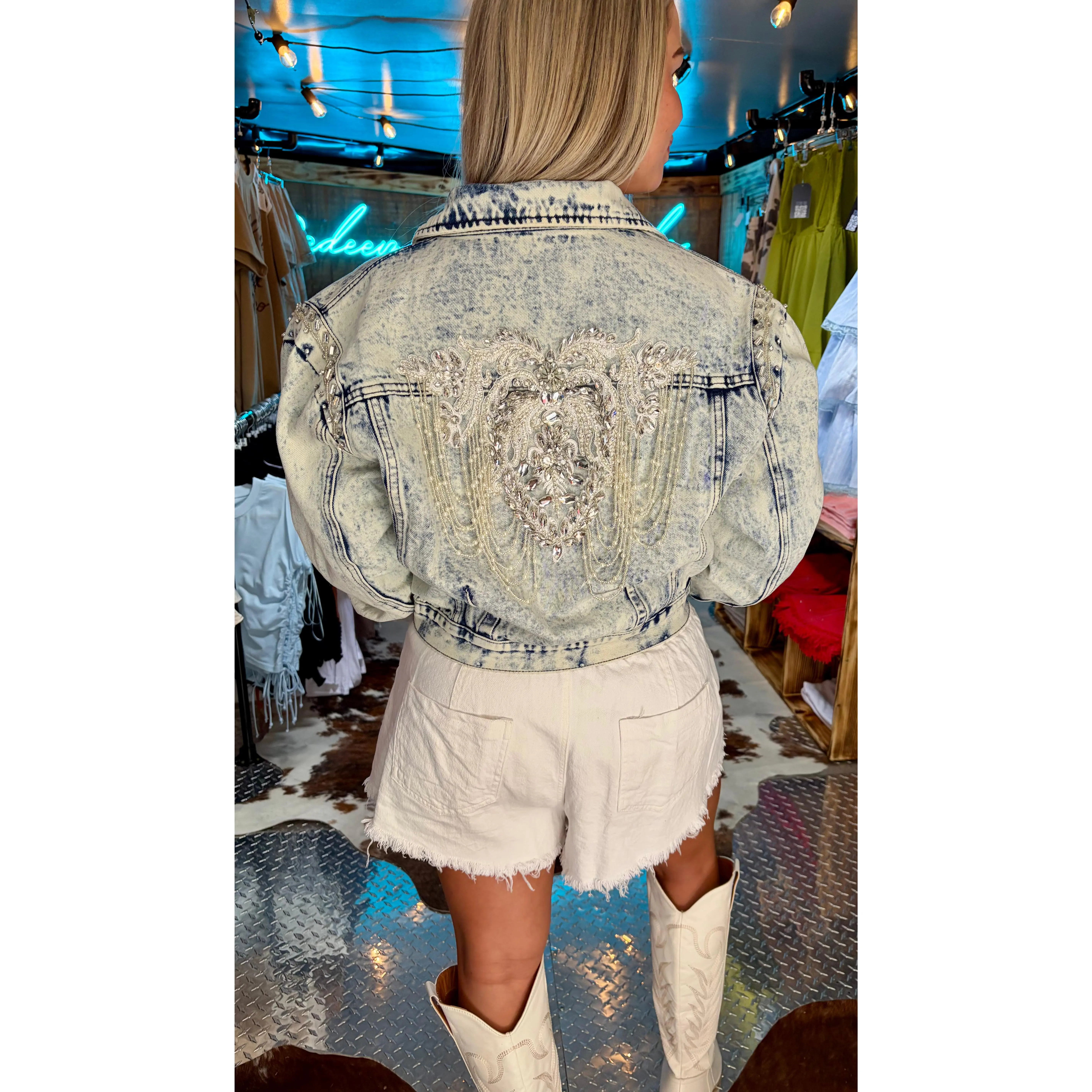 The Megan Acid Washed Embellished Beading Denim Jacket