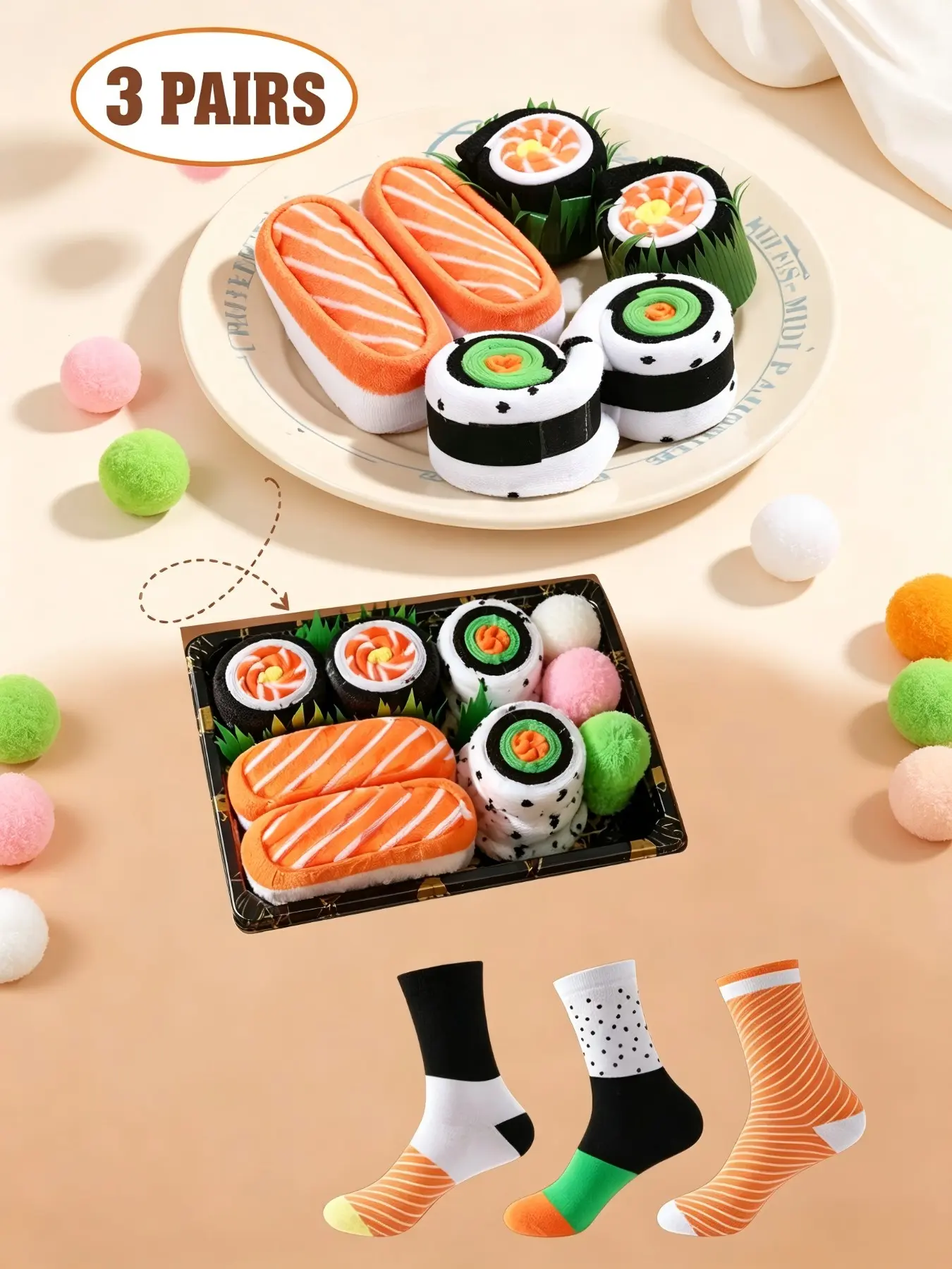 3 Pairs Trendy Gift Socks Set, Spring Summer New Unisex Sushi Design Boxed, Long Warm Soft Comfort, Birthday Valentine Easter Party Gifts, Soft Comfy Socks