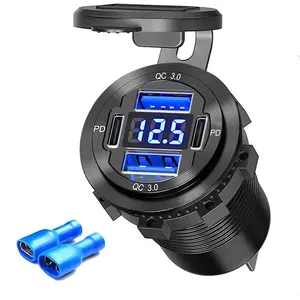 4 Port 12V USB Outlet Aluminum Charger, 78W Dual PD & QC Multiple USB Port for Car, USB C Cigarette Lighter Replacement 12 Volt Socket with Voltmeter Waterproof for Marine Boat Motorcycle RV