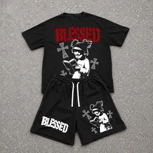Men’s Summer 2 Piece Set, Hiphop Blessed Street Style Personality Letter Print Short Sleeve T Shirt and Drawstring Shorts Matching Outfit, Lightweight Breathable Casual Set for Travel, Streetwear, Beach, Vacation, and Daily Wear