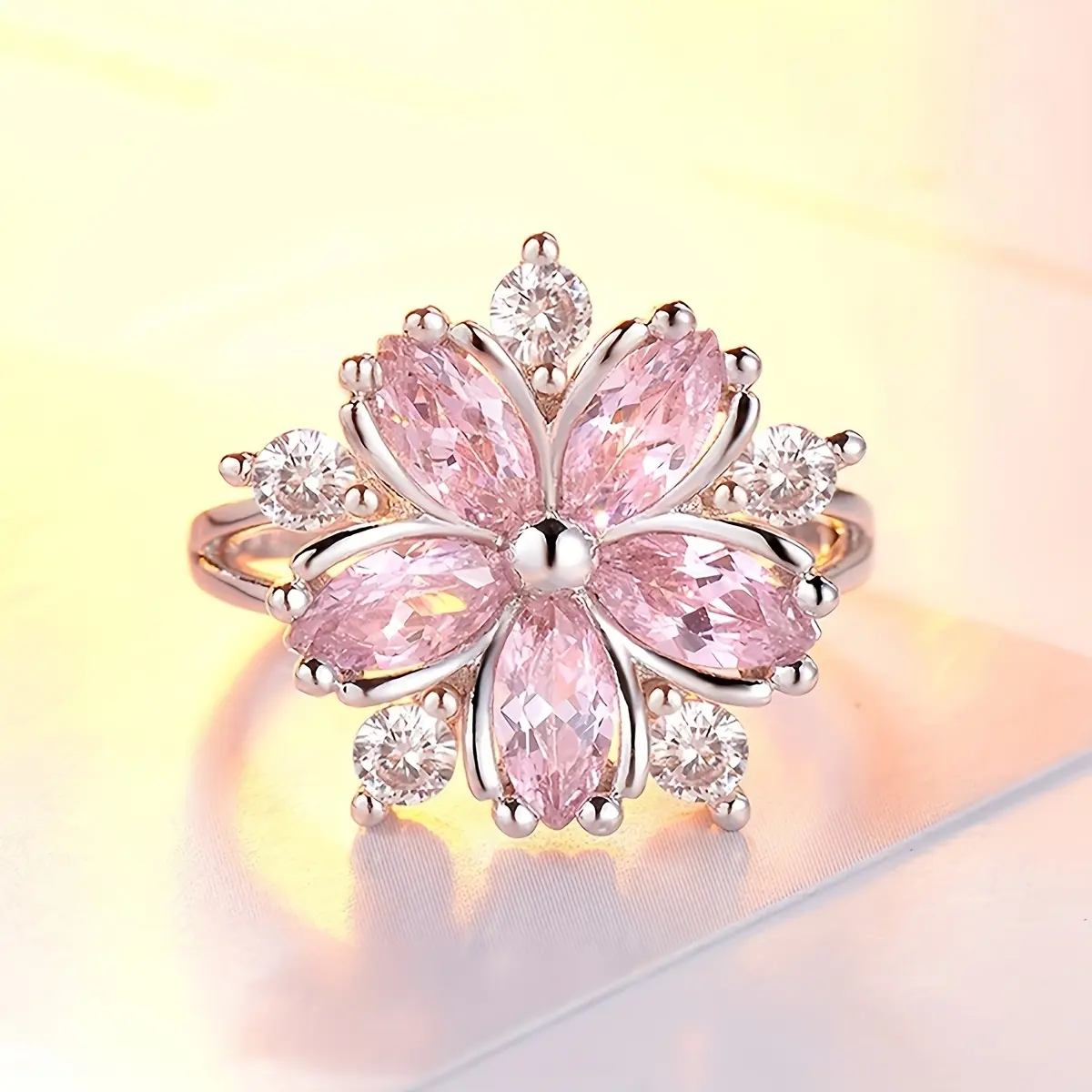 Anniversary Ring for Women, Elegant Pink Cherry Blossom Flower Design in Copper with Sparkling Synthetic Zircon
