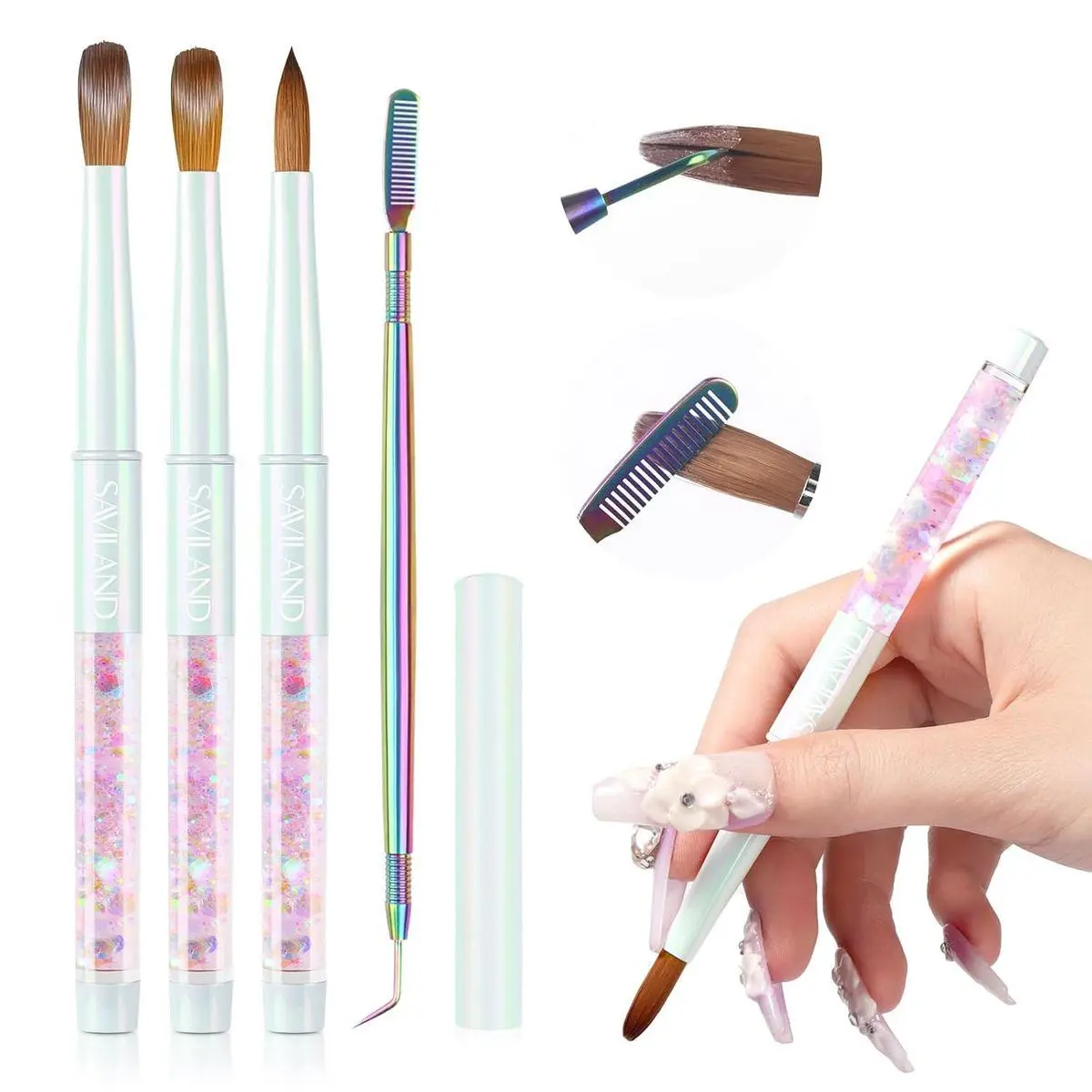 Kolinsky Acrylic Nail Brush Set: Size 6/10/14 Professional Acrylic Brush with Cleaner Tool Nail Brushes for Acrylics Application Nails Extension 3D Nails art Salon Home DIY
