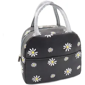 Insulated Lunch Bag Women,  Cute Tote Lunch Box for Adult & Men, Leakproof Cooler Lunch Bags for Work Office Travel Picnic (Black with White Daisy)
