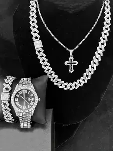 Men's Stylish Layering Set: Premium Cuban Chain + Bracelet + Diamond-Accented Watch + Pendant Combo (Unisex) — Unlock Versatile Looks. Men Jewelry Necklace Bracelet Set