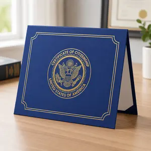 US Citizenship Certificate Holder 2026 Naturalization Padded Leatherette Cover with Golden Great Seal of The United States for American Gifts