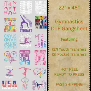 22"x48" Gymnastics Hot Peel DTF Transfer Gangsheet, 17 Youth (8") & 2 Pocket (3") Sheets, Instant Peel-and-Press for Gymnastics Lovers, Transfer Sheets