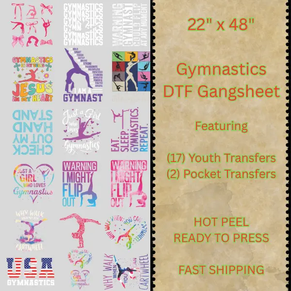 Gymnastics Hot Peel DTF Transfer Gangsheet (22"x48"), 17 Youth (8") & 2 Pocket (3") Transfer Sheets, Instant-Use Peel-and-Press for Gymnastics Lovers, DIY Specialty Supplies