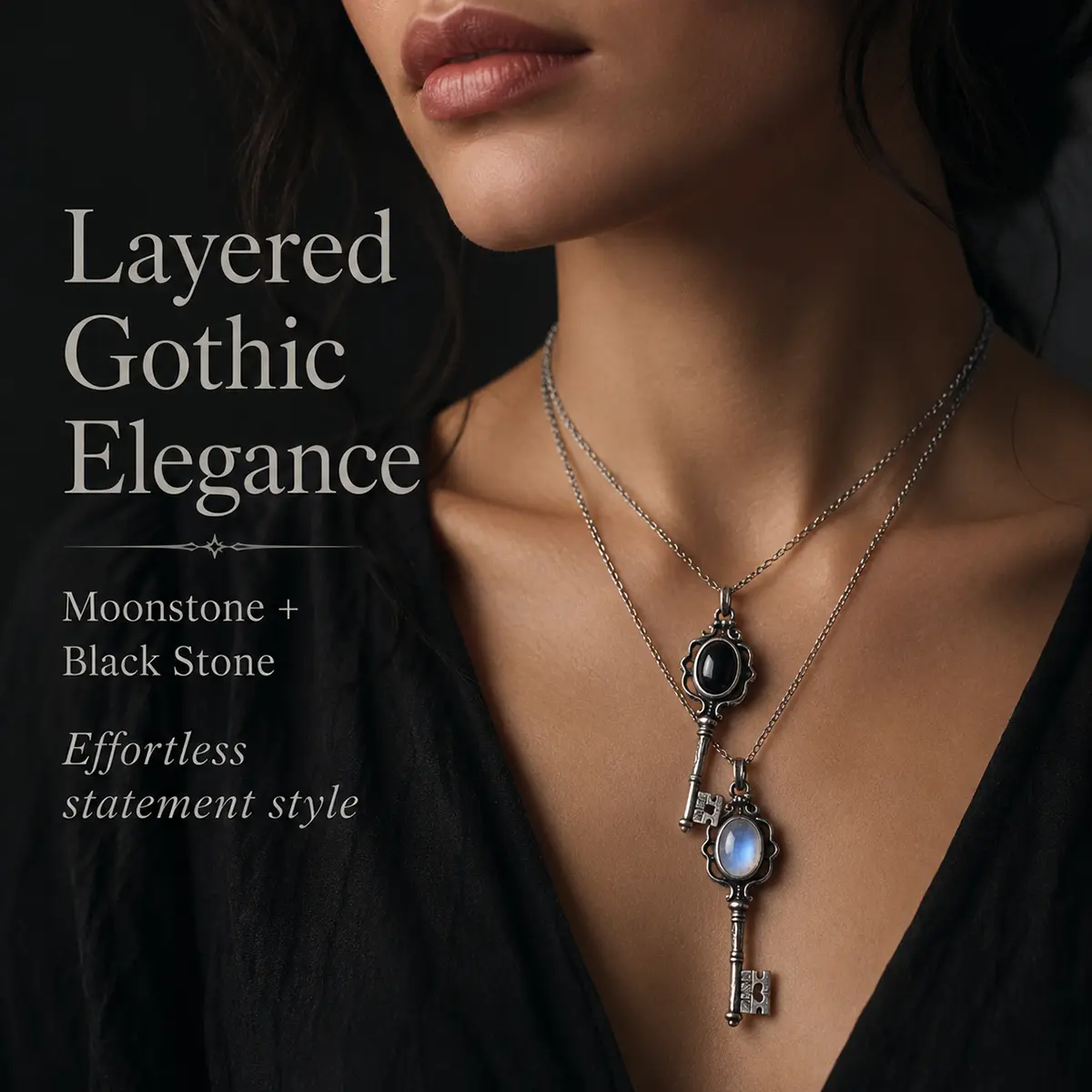 Vintage Gothic Key Necklace with Black Onyx, Silver-Toned Ornate Pendant for Women, Casual Statement Jewelry, 50cm Chain, Ornate Gemstone Statement Necklaces, Mystical Charm, Gemstone Charm Necklaces, Daily