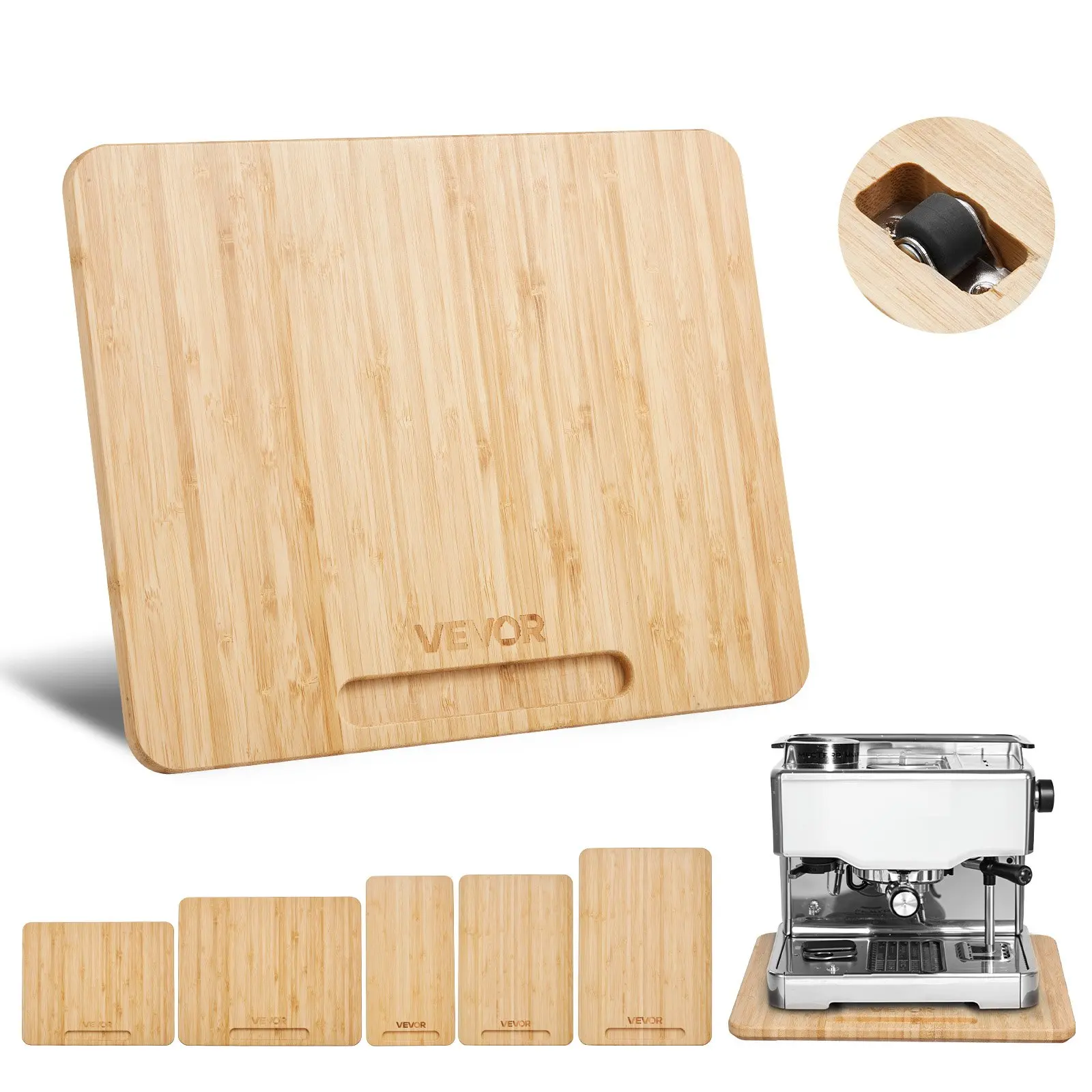 【Summerfinds】VEVOR Natural Wood Appliance Rolling Slider Tray CQ1005, 10.5x13in, 0.7 in Thick, 40lbs Capacity, Rubber Wheels, Hollow Handle, Easy to Clean, Father's Day Gift, for Coffee Maker, Marble-Tile Kitchen Countertop