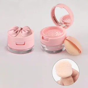 5g Portable Loose Powder And Honey Powder Packaging Box, Compact Powder Container, With Pink Bow Decorate, Sieve Holes, Sifter, Powder Puff, Equipped With Makeup Mirror, Travel Container, Portable And Space Saving, Daily, Outdoor, Home Use