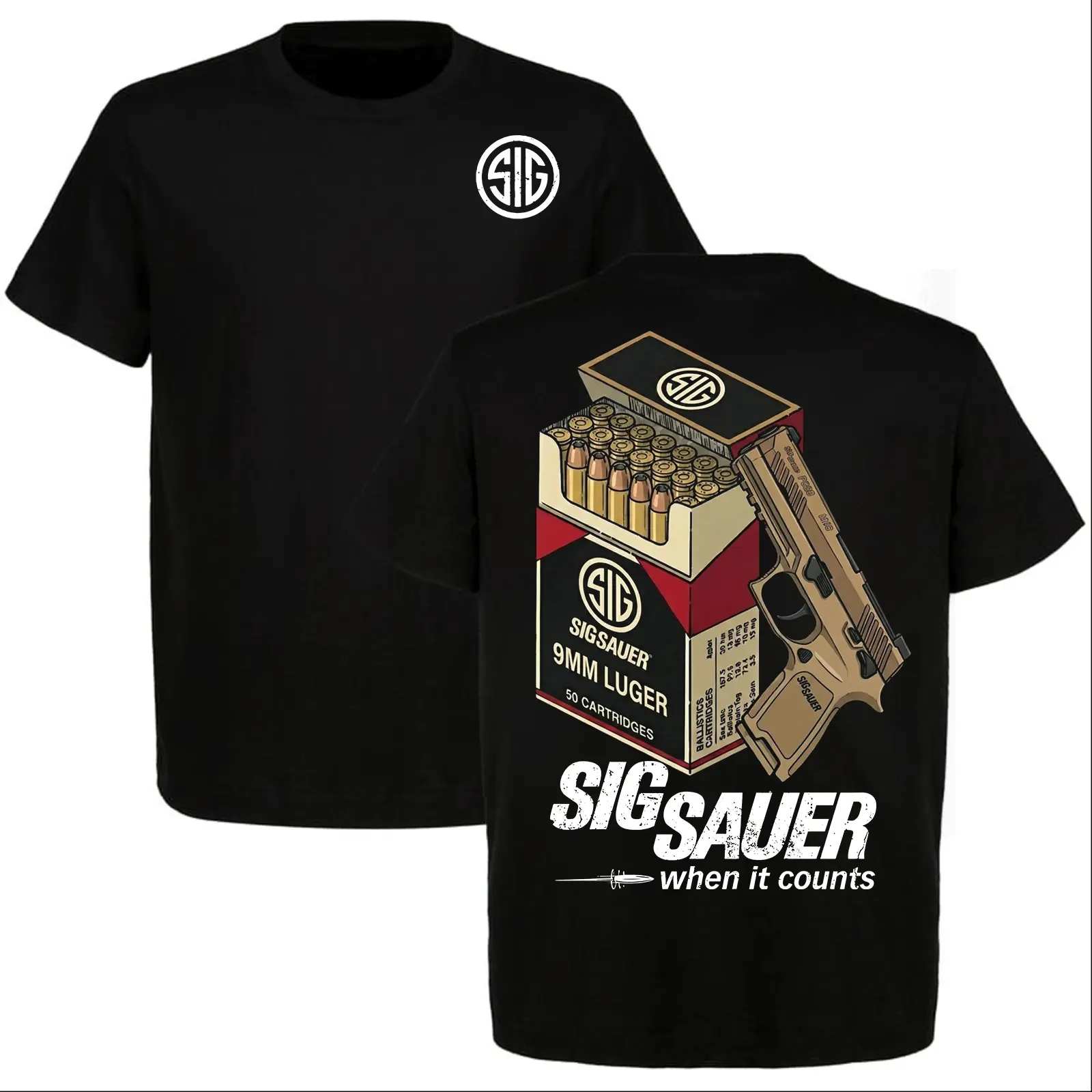 SIG Sauer 9mm Ammo Box & Gun Graphic T-shirt, Classic Gun Lovers Tee, Tactical Style, Full Size, Full Color #     StreetwearTshirt #     OversizedTee #     UnisexTshirt