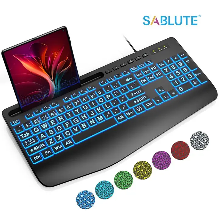 Wired Backlit Large Print Computer Keyboards, Lighted USB Keyboards with 7-Color Backlit, Wrist Rest, Phone Holder, Easy to Read and Type