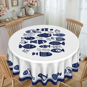 Ocean Blue Fish Print Round Tablecloth, 120g/m² Polyester, Furniture Protector, Party Decor, Hotel Restaurant Home Use