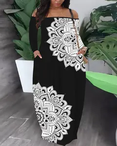 USBoutiqueCHIC Women's Plus Size Floral Print Maxi Dress Loose Fit Long Sleeve for Fall Soft Milk Touch Fabric Mandala Design