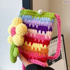 Cute Handmade Wool Crochet Phone Bag – Colorful Rainbow Messenger Shoulder Bag for Girls, Trendy Fashion Travel Tote, Summer Vacation Accessory