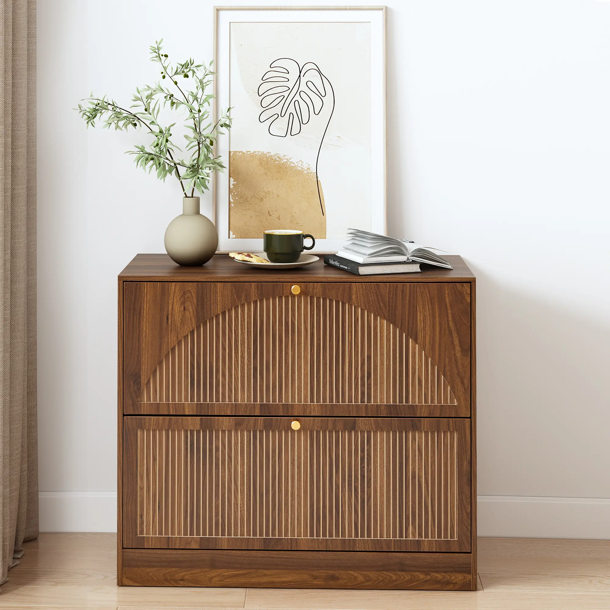 FurSch 31.5" Fluted Lateral File Cabinet with 2 Drawers, Hanging Rails for Letter/Legal/A4, Wood Printer Stand with Spacious Top