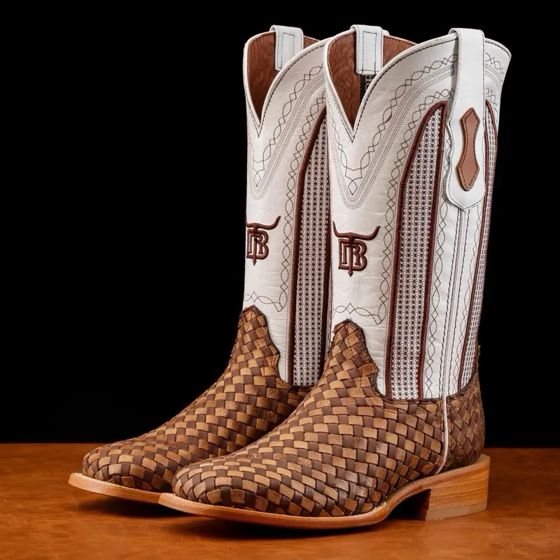 Tan Basketweave Leather Boots -Square Toe