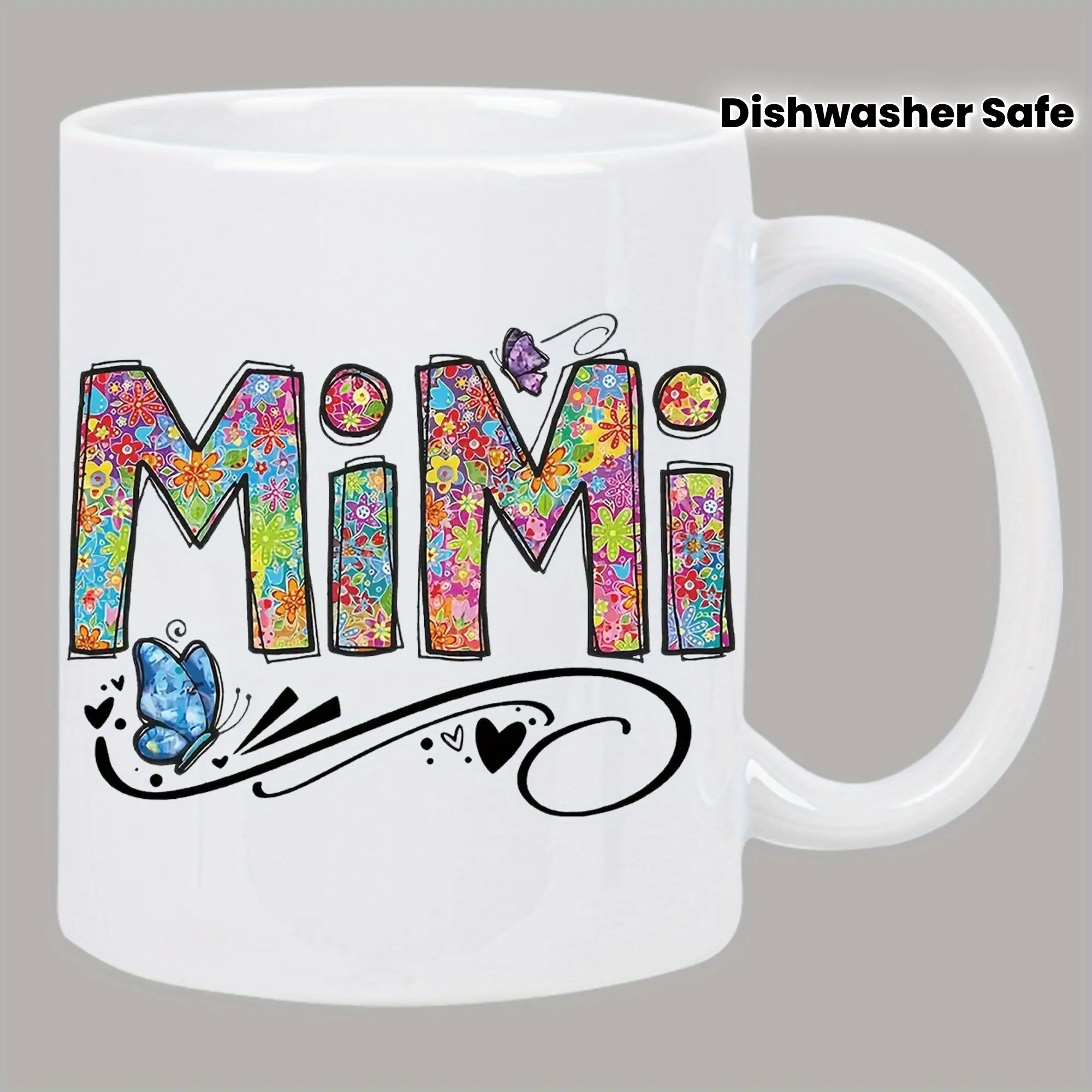 Colorful MiMi Ceramic Coffee Mug with Floral and Butterfly Design – Durable, Insulated, Dishwasher Safe, Perfect Gift for Any Occasion, Gift Coffee Mug |   Floral Mug Design |   Dishwasher Safe Mug, Coffee Cup