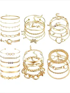 29Pcs Golden Stackable Chain Bracelets Set For Women Boho Dainty Multiple Layered Stackable Open Cuff Wrap Bangle Adjustable Trendy Paperclip Link Italian Cuban Jewelry For Women Stacking Bangles