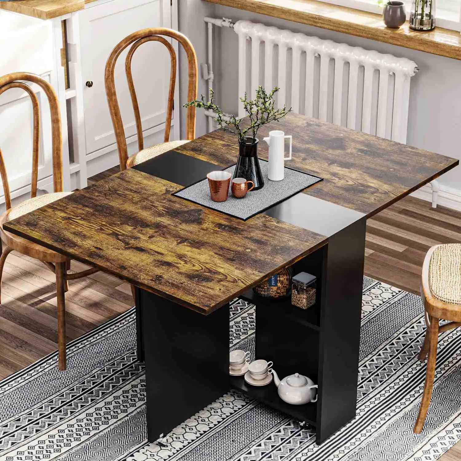 SIKAIC Foldable Dining Table - Folding Tables with Rectangular Top, Storage Shelf, Brown Drop Leaf, Space Saving Furniture for Small Apartments, Clean Design Simple Pairs with Modern Decor, Quick Wipe Clean