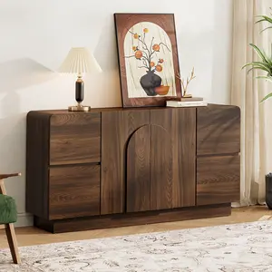 【SummerGarden】ONBRILL 60" Modern Dark Wood Sideboard - Adjustable Shelves, 4 Drawers, Arched Shelf, Child-Friendly, Curved Corners for Stylish Indoor Storage Solutions, Adjustable Shelves Sideboards, Arched Shelf Sideboards