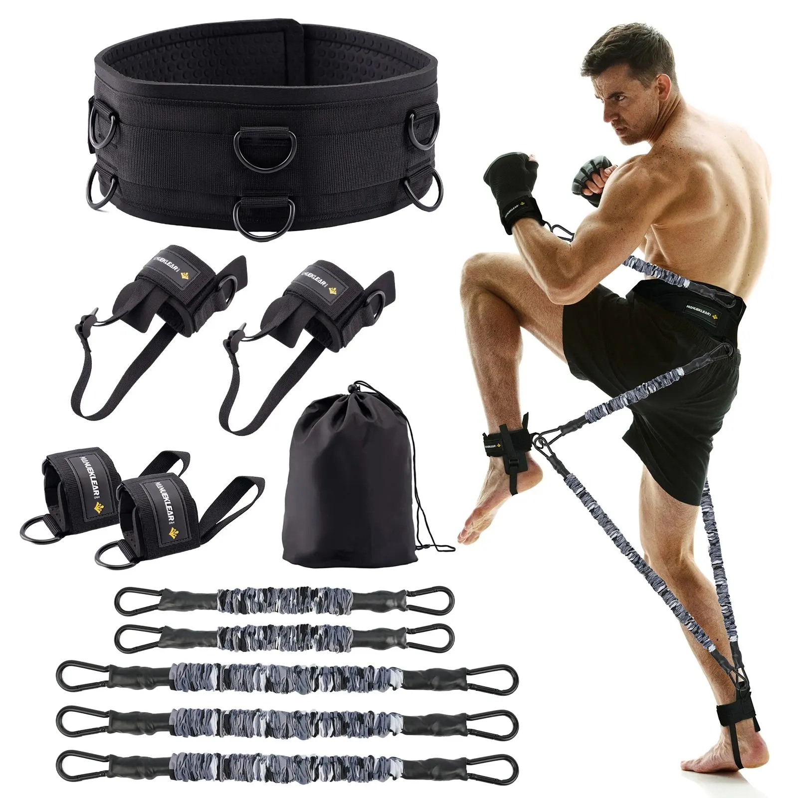Manueklear Boxing Resistance Training Set, 50lb Bands with Waist Belt, Ankle Wrist Straps for Mma Kickboxing, Speed Strength Training, Home Gym Kit, Workout Equipment, Exercise Equipment