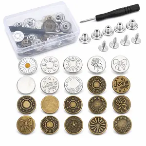 20 Pcs Adjustable Metal Jean Snap Tacks ,No-Sew Nailess Removable Metal Jeans Buttons Replacement Repair Combo Thread Rivets and Screwdrivers