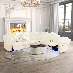 Power Recliner Sectional Sofa with LED Light, Breathing Leather Recliner Sofa Couch with Storage/Cup Holder for Living Room Home Office Theater (Cream White)