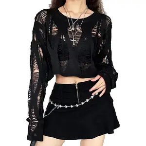 Women's See Through Hole Ripped Crop Tops Knit Pullover Short Sweaters