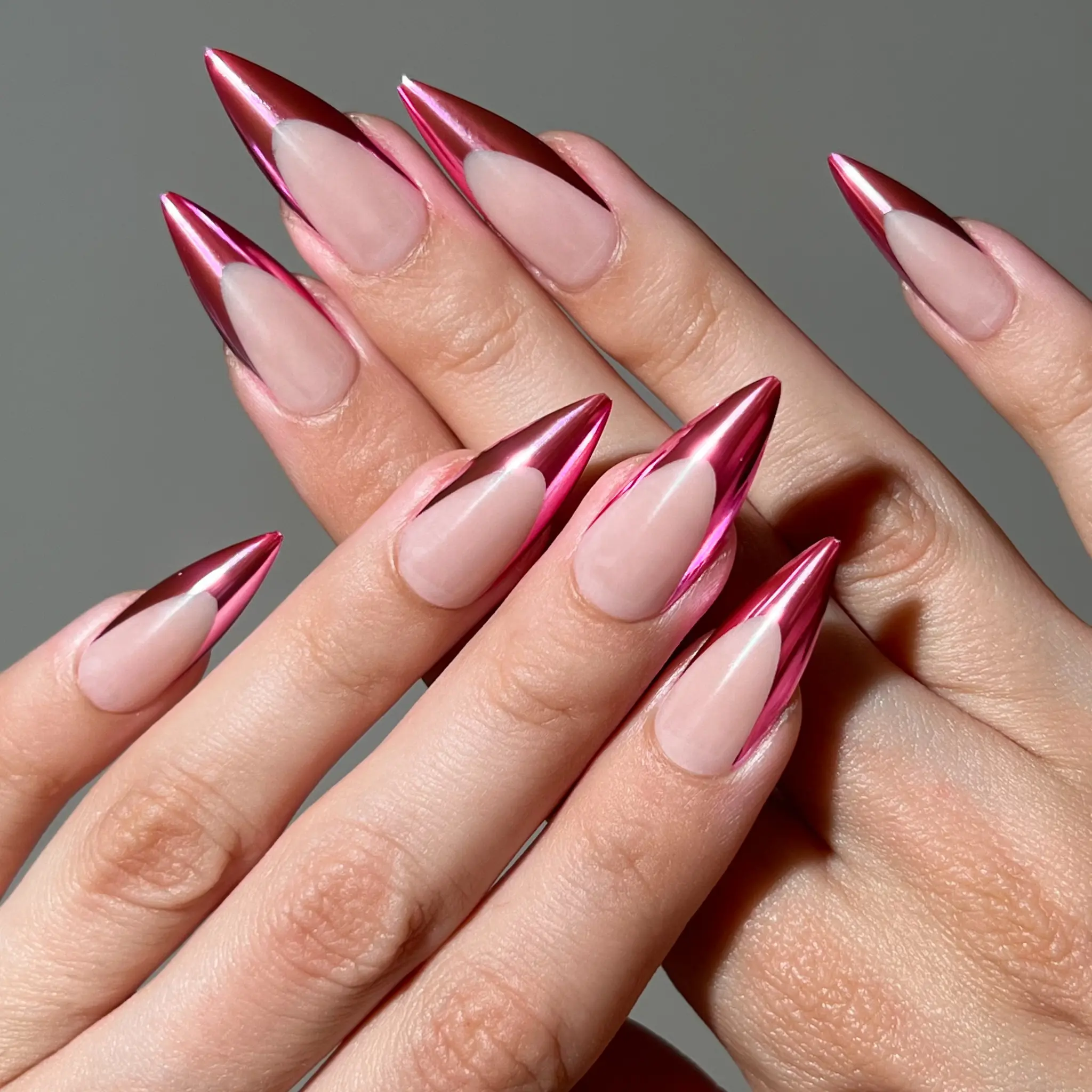 PaintLab Vixen Tips Pink Chrome Stiletto Press On Nails - 30 Nails in 15 Sizes with Glue, Salon-Quality Metallic