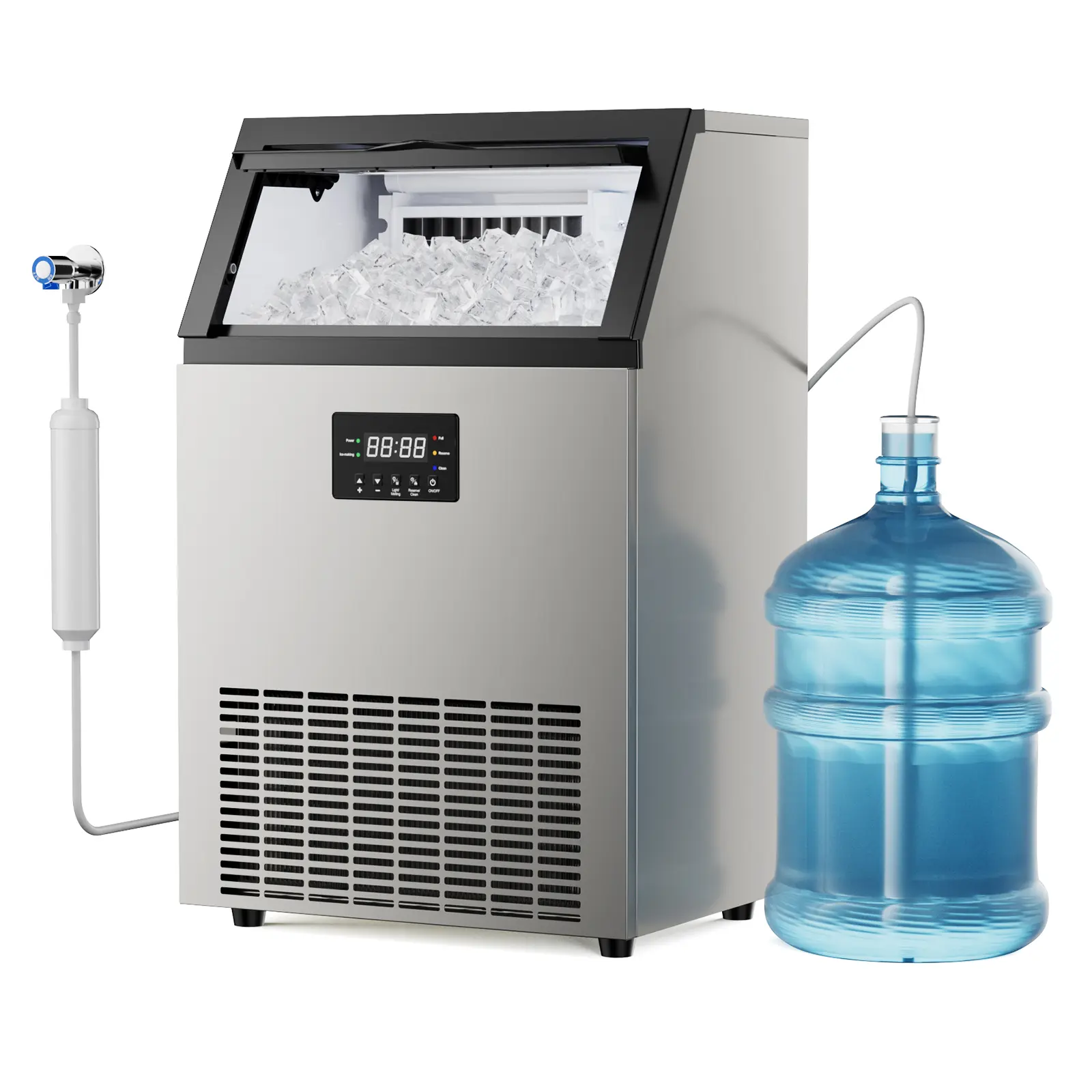Commercial Ice Maker Machine, 150 lbs/day Stainless Steel Freestanding Ice Maker with 50 lbs Storage Bin, Self-Cleaning, 24H Timer, Adjustable Ice Thickness, ETL Listed Ice Machine for Restaurant, Bar, Café, Office & Home