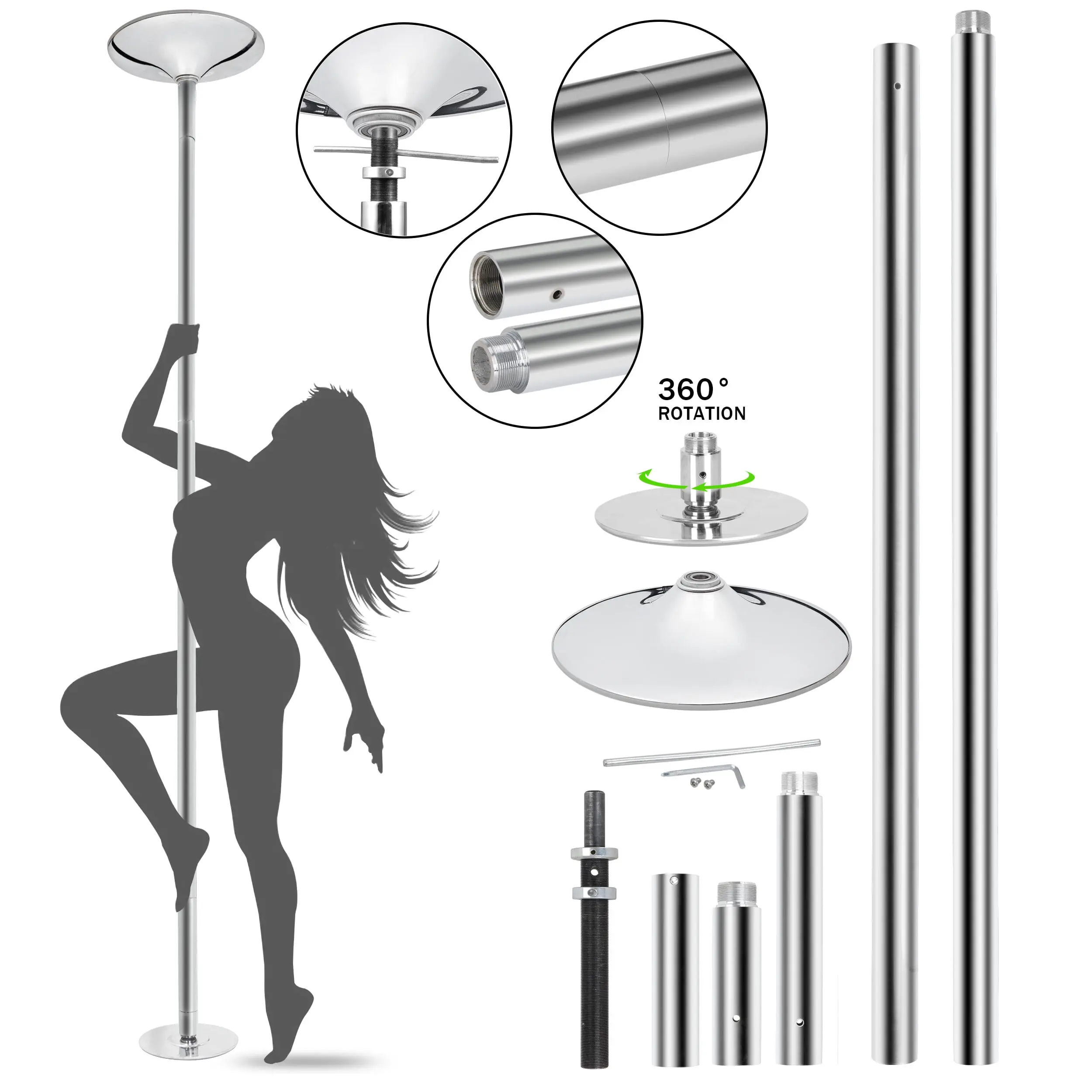 45mm Removable Spinning-Static Pole Dancing Kit, Adjustable Height Gymnastics Bar with Articulated Base & Ceiling Mount, Home-Use Gymnastics Equipment,summerwins