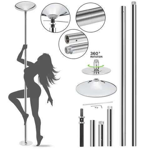 Unisex 45mm Diameter Removable 360° Rotation Spinning-Static Pole Dancing Kit - All Metal Adjustable Height Gymnastics Bar (7.3'-9') with Articulated Base, Ceiling Mount, Silicone Ring, 125mm Extension, 440lbs At-Home Gym Equipment for Club Party