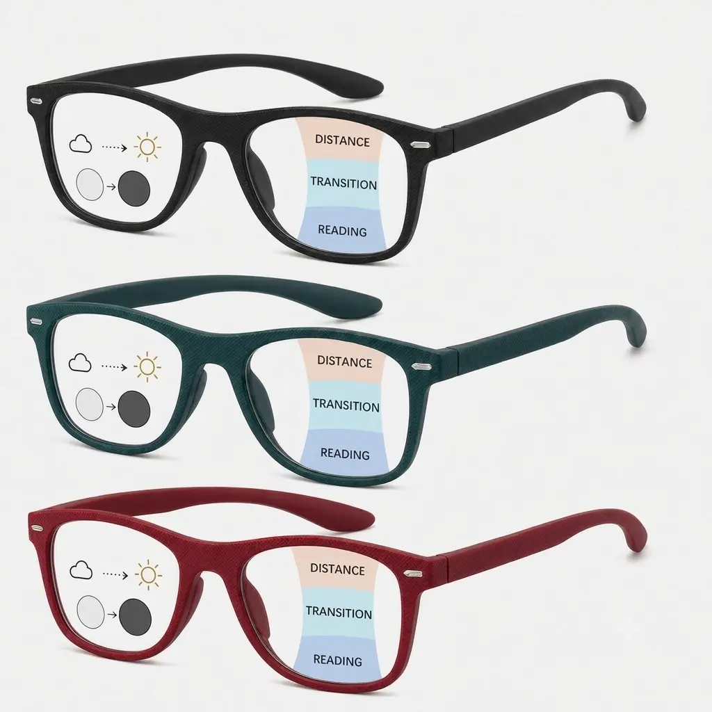 ViewSelect Progressive Multifocal Reading Glasses, Photochromic Blue Light Blocking Readers, Light-Adaptive No-Line Multifocal Eyewear with Free Anti-Lost Lanyard, Lightweight Everyday Glasses