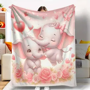 Elephant Love Flannel Blanket, Cute Cartoon Elephant Floral Print, Super Soft, Warm and Cozy, Lightweight, Perfect for Anniversary, Engagement, Wedding, Valentine's Day, Birthday, Couple's Gift, Bedroom, Living Room Decor.