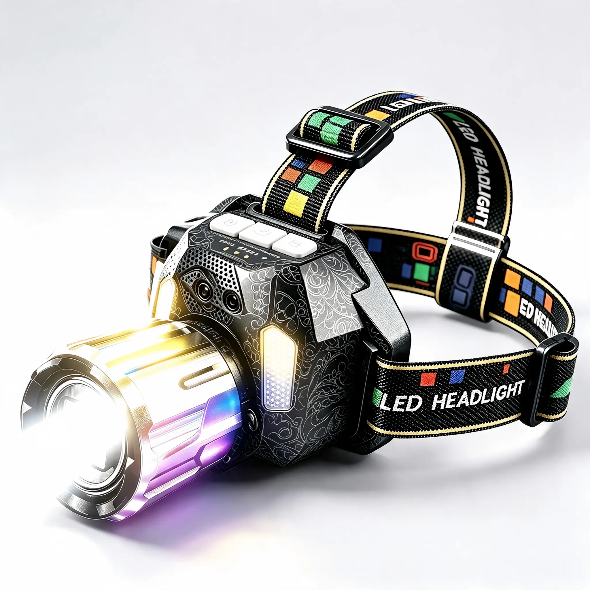 LED Headlamp for Automotive & Motorcycle Antenna Toppers, 1000m Range, Multi-Color Zoom Focus, Adjustable Band, IPX4 Splashproof, Wear-Resistant, UV Purple Light for Night Hiking