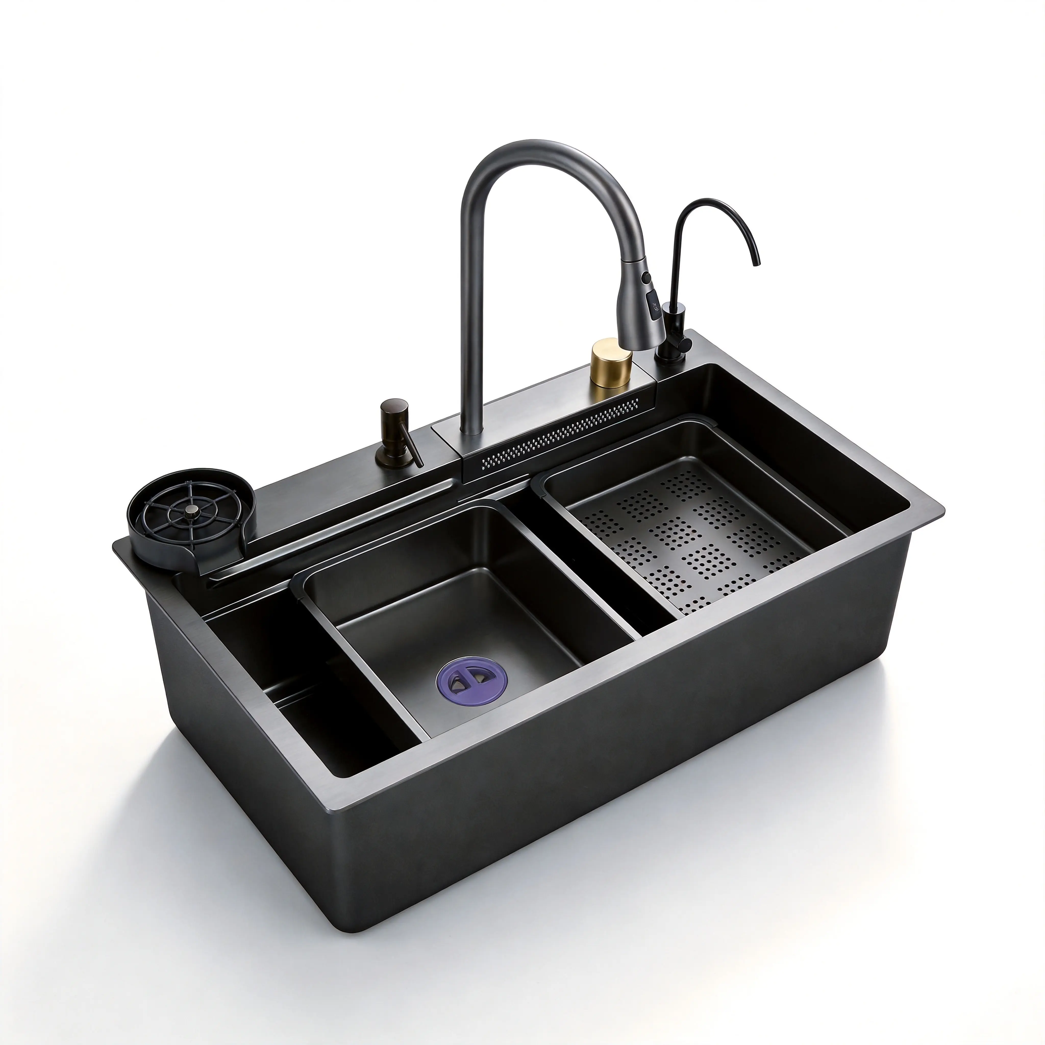 Black Stainless Steel Smart Modern Drop-In Workstation Kitchen Sink - Large Rectangular Bowl, Multi-Function Set with Pull-Down Faucet, Glass Rinser, Cutting Board, Prep Bowl, Colander, Drain Kit Included, Drop In Kitchen Sink, Smart Modern Sink
