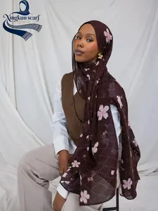 Women Floral Print Hijab Scarf, Wave Dot & Geometric Pattern Design, Ramadan Fashion Breathable Soft Fabric Headscarf for Women