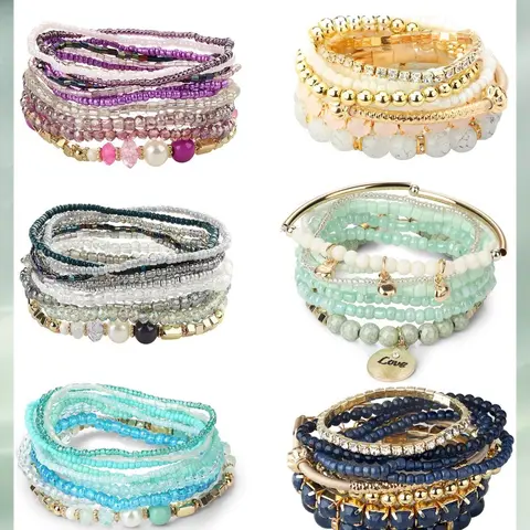LOYALLOOK 6 Sets Bohemian Stackable Bead Bracelets for Women Stretch Bohemian Style Stretch Multilayered Boho Bracelet Set