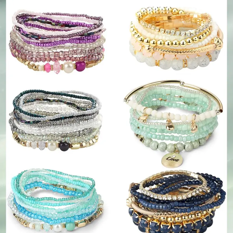 LOYALLOOK 6 Sets Bohemian Stackable Bead Bracelets for Women Stretch Bohemian Style Stretch Multilayered Boho Bracelet Set