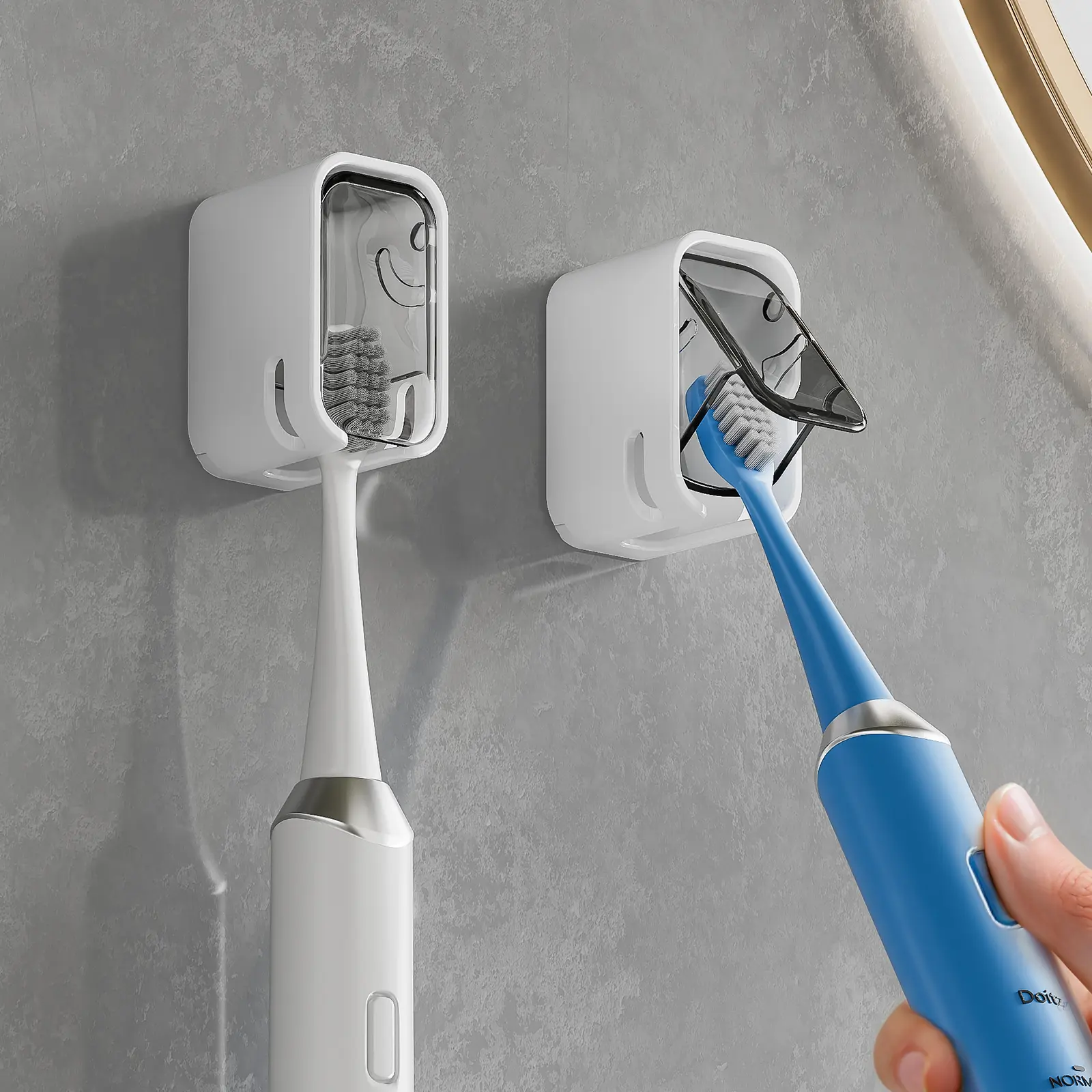 Wall Mounted Cover Toothbrush Holder - No-Drill Adhesive Bathroom Organizer with Protective Cover, 1-Hand Opening Design for Dry Storage of Electric & Manual Toothbrushes, Cover Toothbrush Holders, Wall Mounted Toothbrush Holders