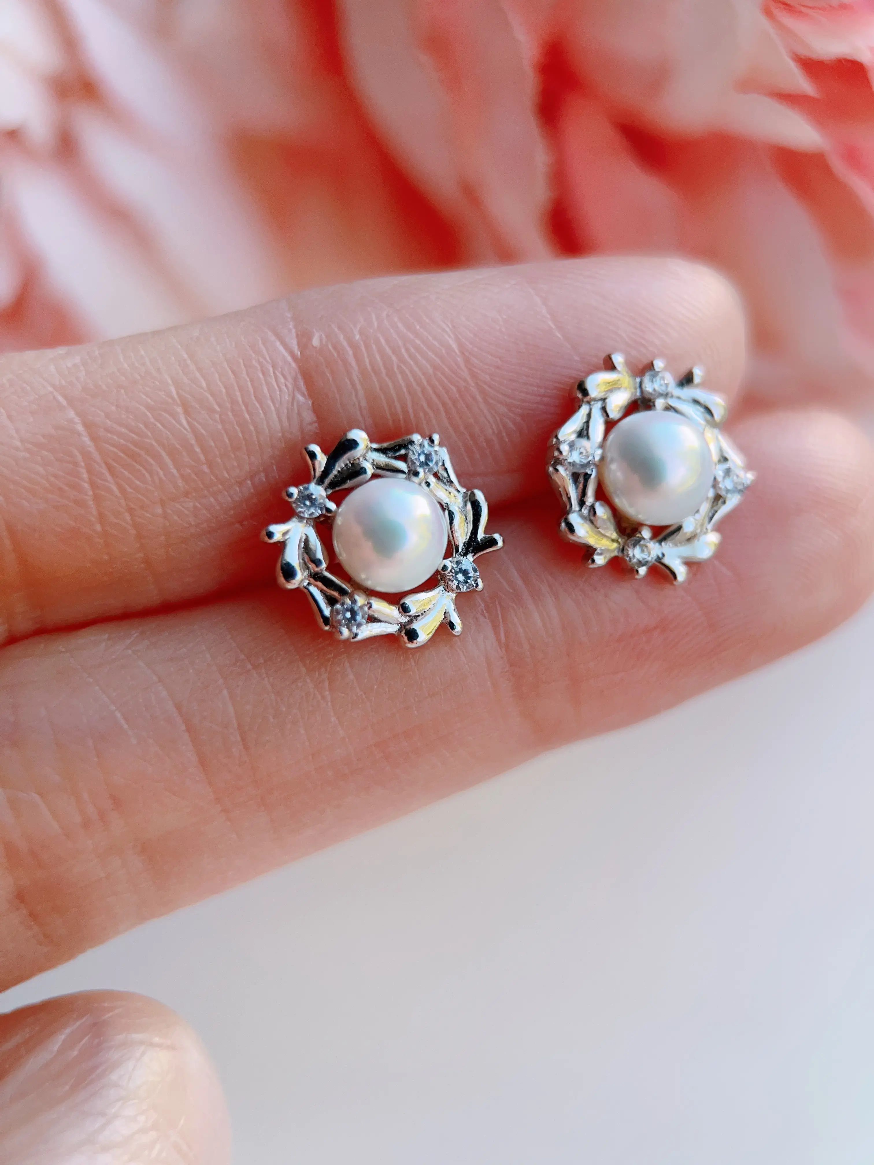 Elegant Flower Freshwater Pearl Stud Earrings, Cubic Zircon Sterling Sliver Heart Earrings, Natural Pearl Earrings