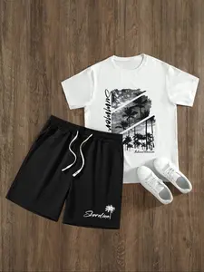 Two-Piece Set Men's Tropical Palm Tree Print Tee & Drawstring Waist Shorts, Regular Fit Casual Round Neck Short Sleeve T-shirt & Track Shorts, Men's Summer Clothes, Menswear Fitted