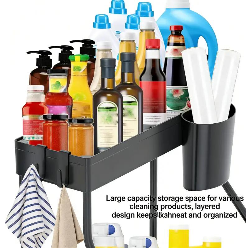 Space-Saving 2-Tier Under Sink Sliding Organizer with Pull-Out Basket for Kitchen Bathroom Laundry Corner Clear Cosmetic Rack Collapsible Multifunctional Storage Bins Rolling Three-Tier Cart Magnetic Spice and Drink Set