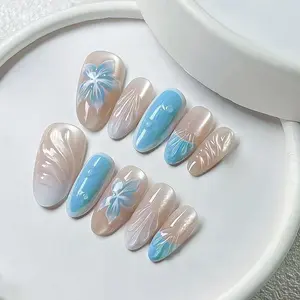 Ice Transparent 3D Sea Salt Lily Gradient Effect Bubble Press on Nails, Removable Nail Art Set, Nail Art Design, 30 Pieces, European Style, Single Item